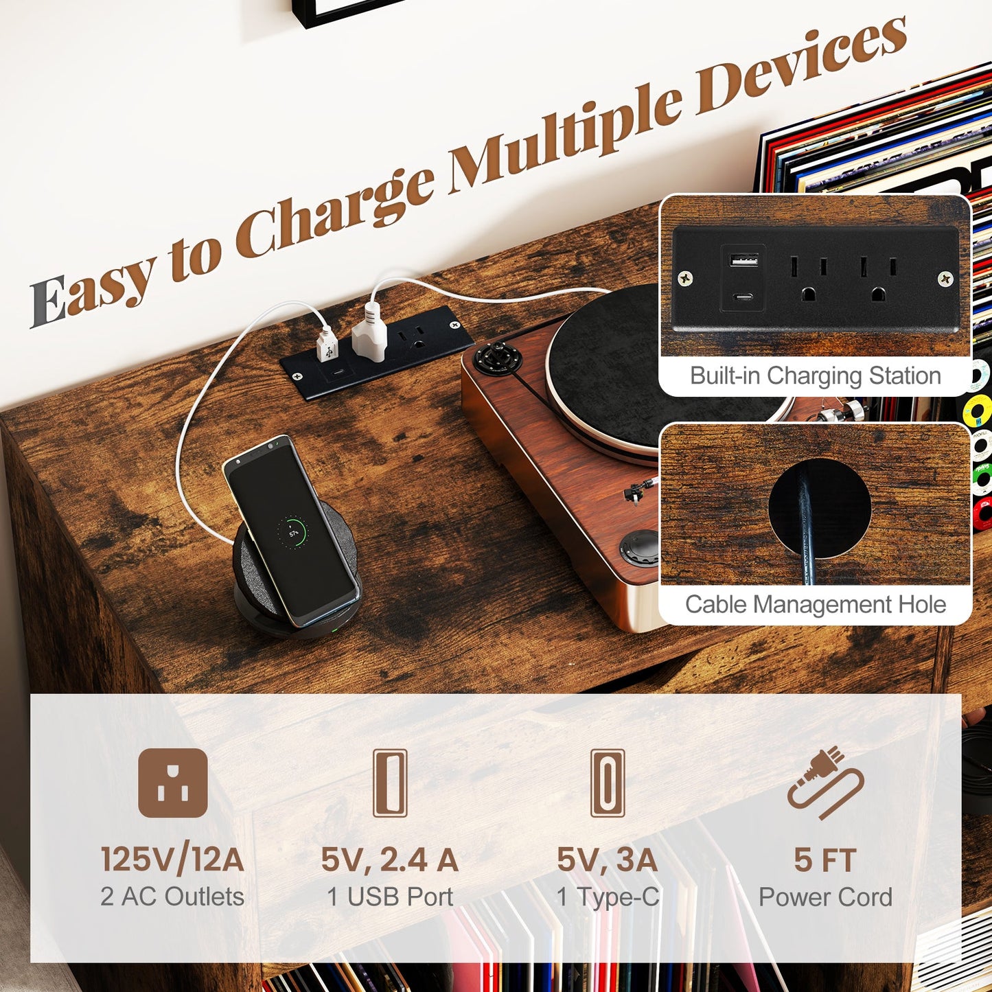 Mueble para tocadiscos con toma de corriente - Marrón rústico