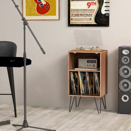 Record Player Stand With Charging Station in rustic brown wood with vinyl shelf and turntable on Tampa Home & Garden Store