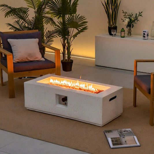 42 Inch 50 000 BTU Rectangle Terrazzo Fire Pit Table with PVC Cover-White - Tampa Home & Garden Store