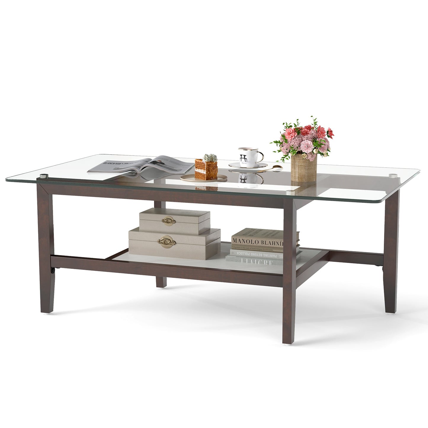 Brown 42-inch glass coffee table with two-tier storage shelf and metal frame on Tampa Home & Garden Store