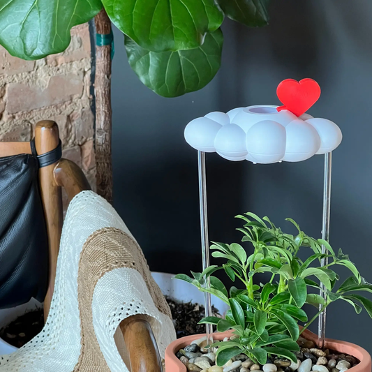 Dripping Rain Cloud house plant accessory with red heart charm by The Cloud Makers, white cloud shade on Tampa Home & Garden Store