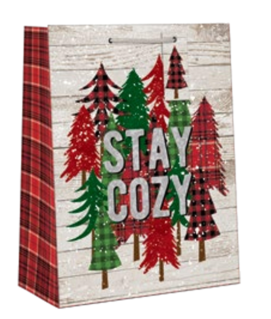 Accented Farmhouse Gift Bag with glossy finish featuring red and green Christmas trees STAY COZY on Tampa Home & Garden Store