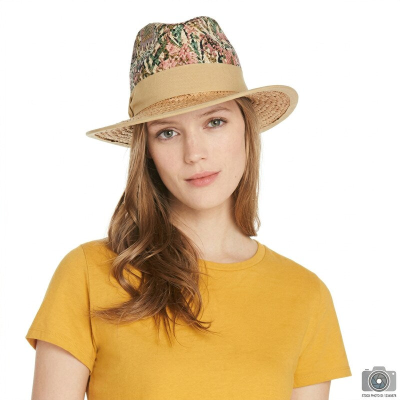 Raffaello Bettini Floral Detail Hat Vanessa Jane, sun hat with beige straw brim and floral crown on Tampa Home & Garden Store