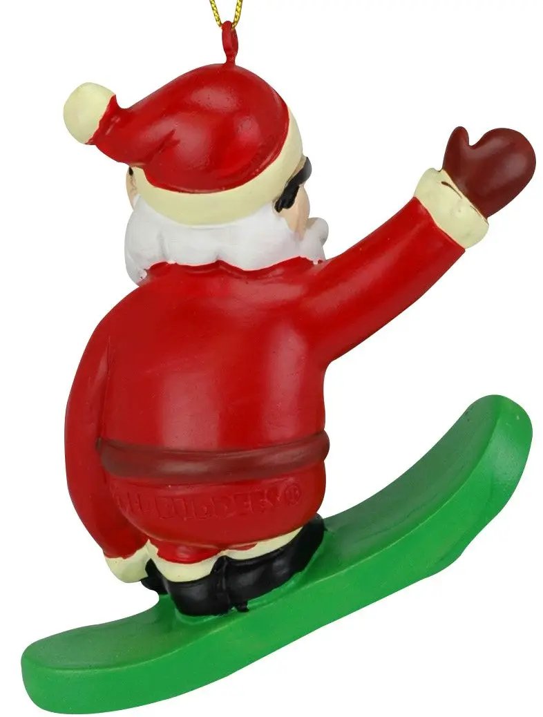 Snowboarding Santa ornament resin decoration red suit with green snowboard on Tampa Home & Garden Store