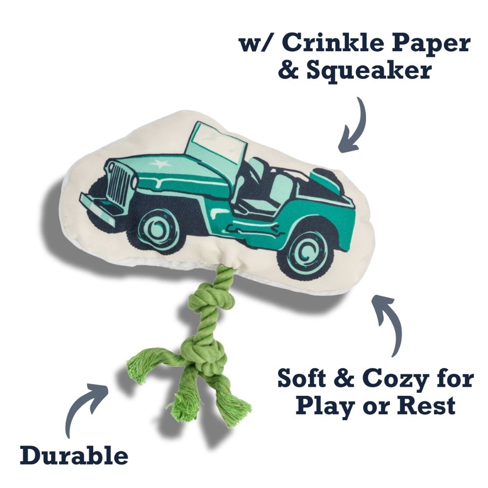 Juguete de peluche para perro Country Living: Jeep militar retro con chirriador y papel arrugado