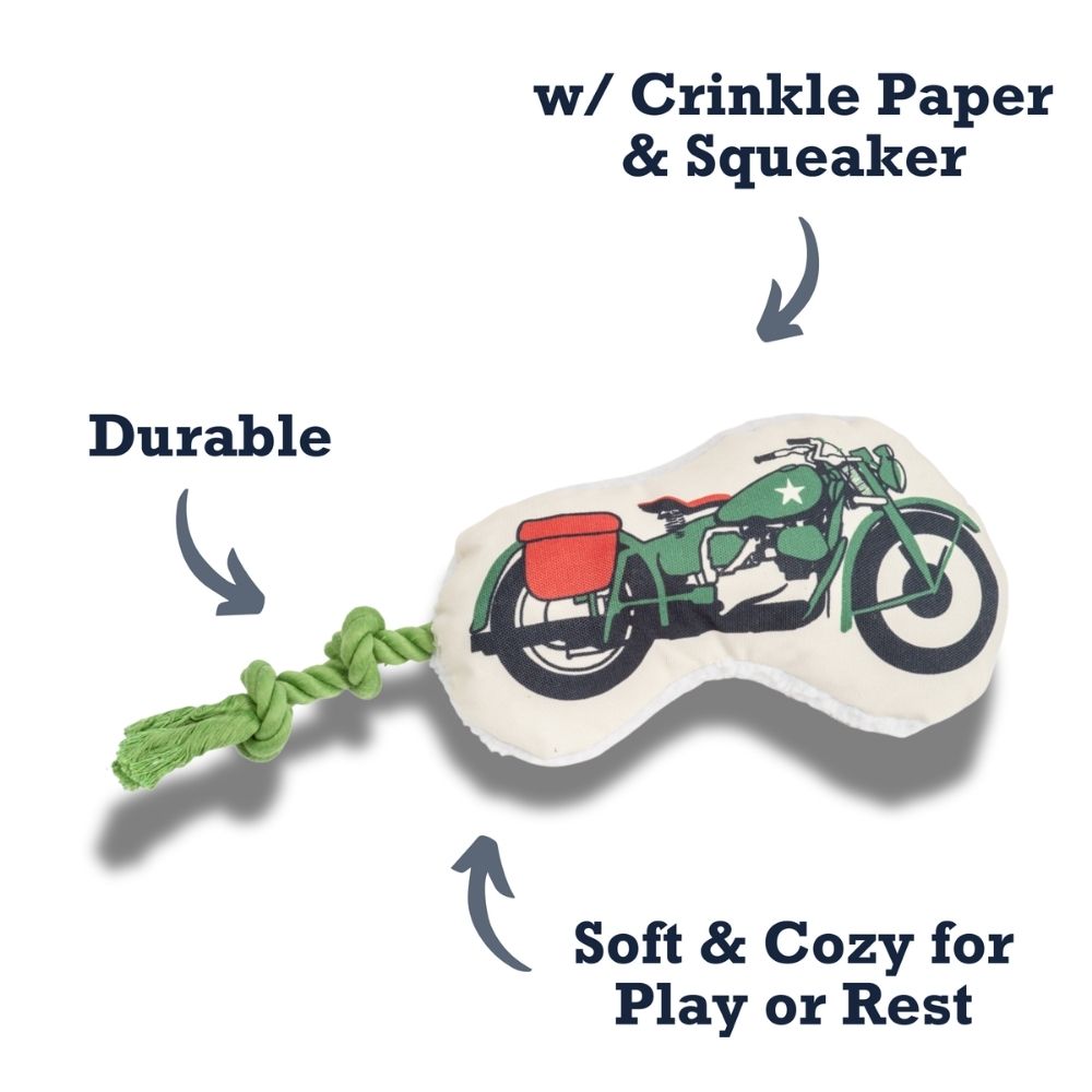 Juguete de peluche para perro Country Living: motocicleta militar retro con chirriador y papel arrugado