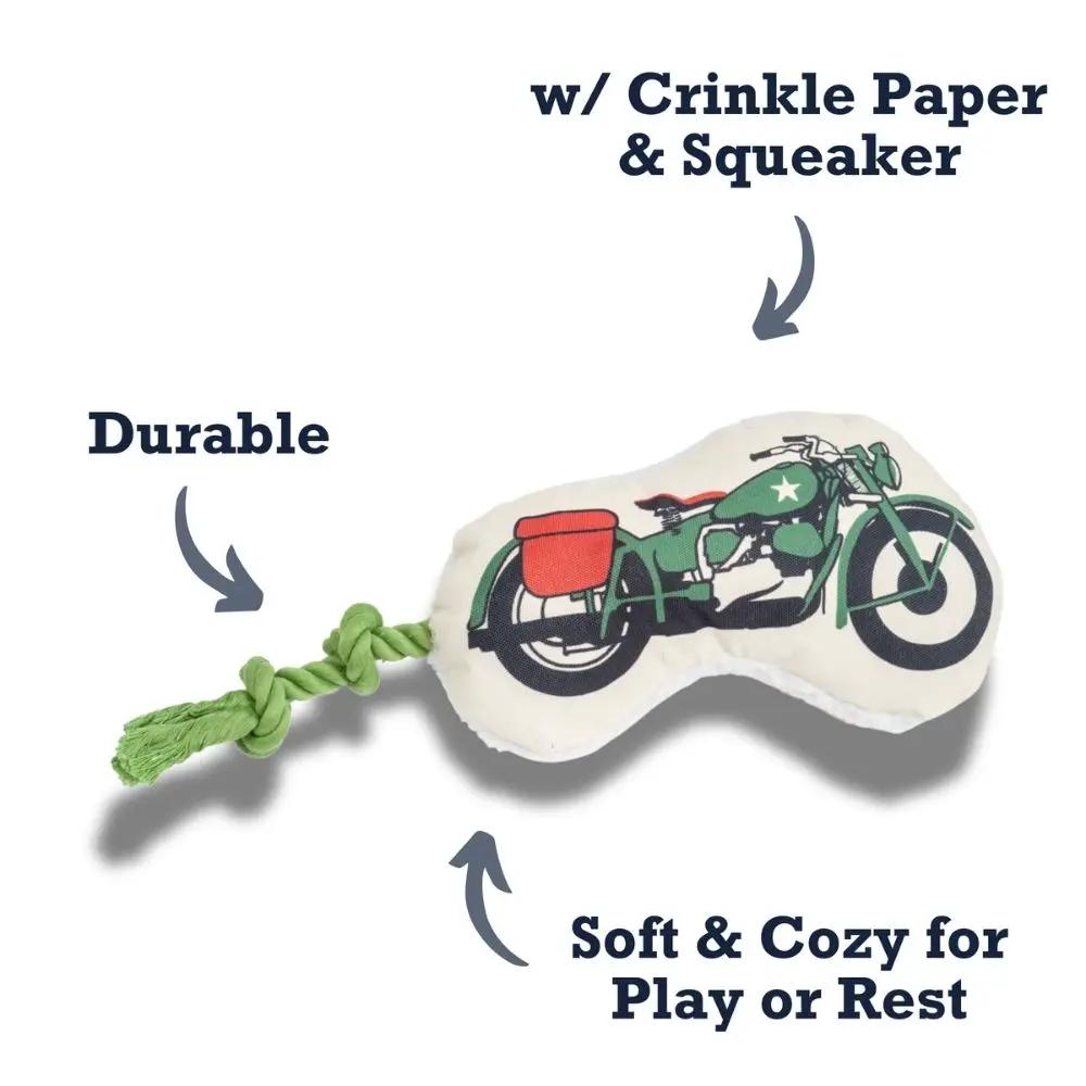 Retro Army Motorcycle plush dog toy white body green print squeaker American Pet Supplies on Tampa Home & Garden Store