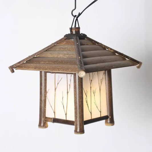 Retro Chinese Style Bamboo Chandelier Tea Room brown bamboo frame with frosted glass panels on Tampa Home & Garden Store