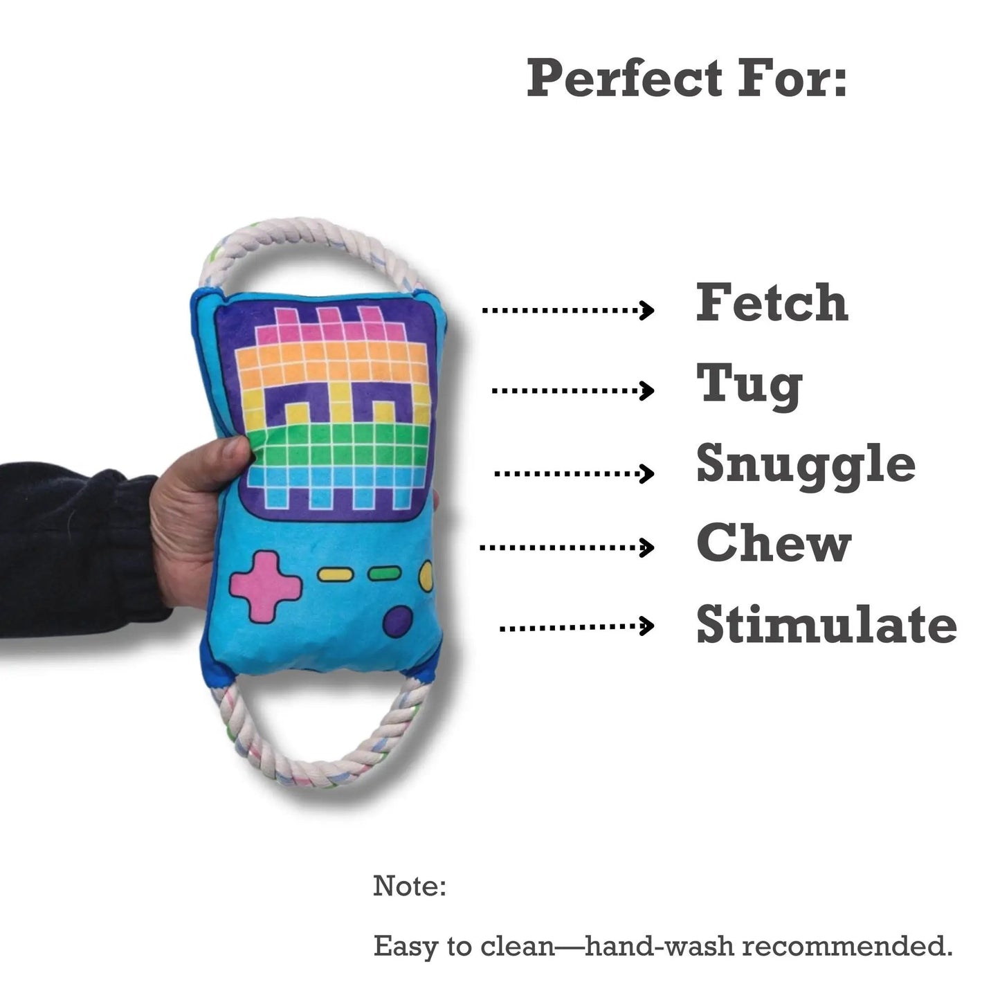 Retro Gamer Plush Dog Toy with Crinkle Paper; blue multicolor pixel design, rope tug handle on Tampa Home & Garden Store