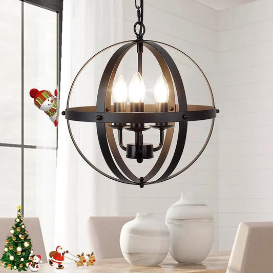 Retro industrial wrought-iron spherical chandelier by Decorbites with ring and candle bulbs on Tampa Home & Garden Store