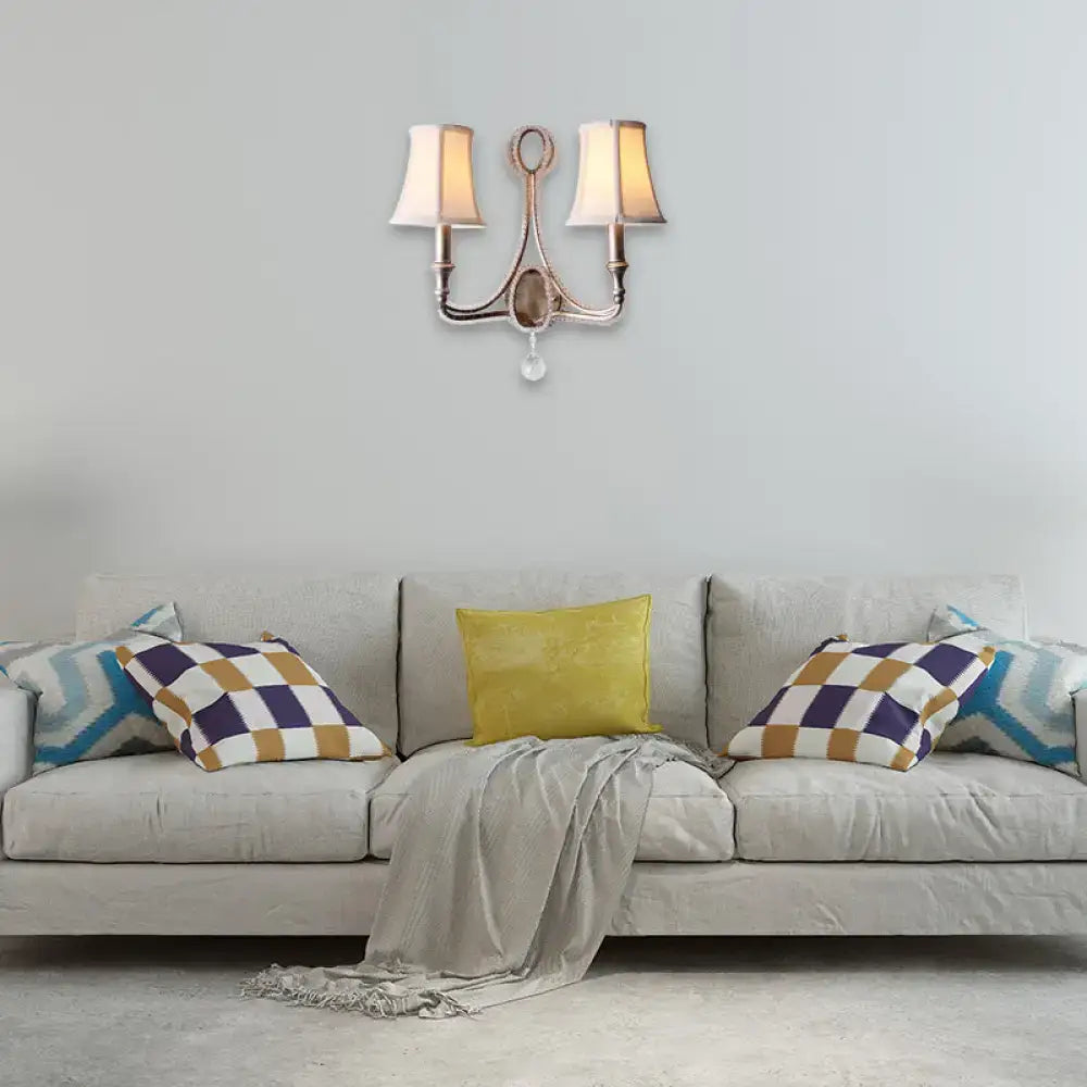 2-Head Retro Loft Fabric Wall Light - Conical Sconce with Crystal Beaded Strand - Aged Silver