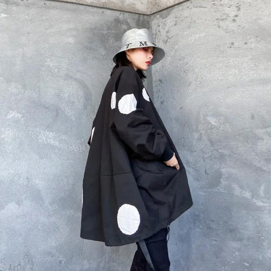 Retro stand-collar zipper trench coat for women in black with white polka dots on Tampa Home & Garden Store