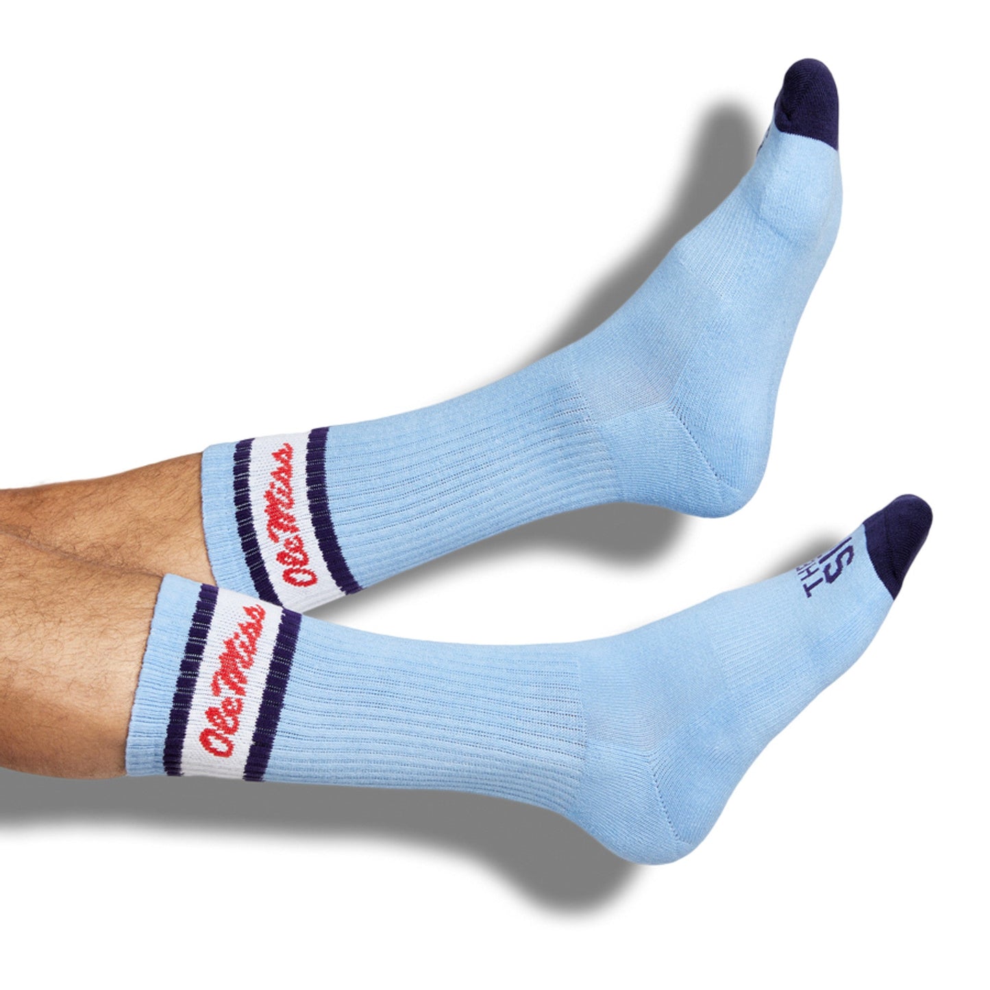 Retro Script Casual Crew 3-Pack socks by DeadSoxy in light blue with navy toe and cuff on Tampa Home & Garden Store