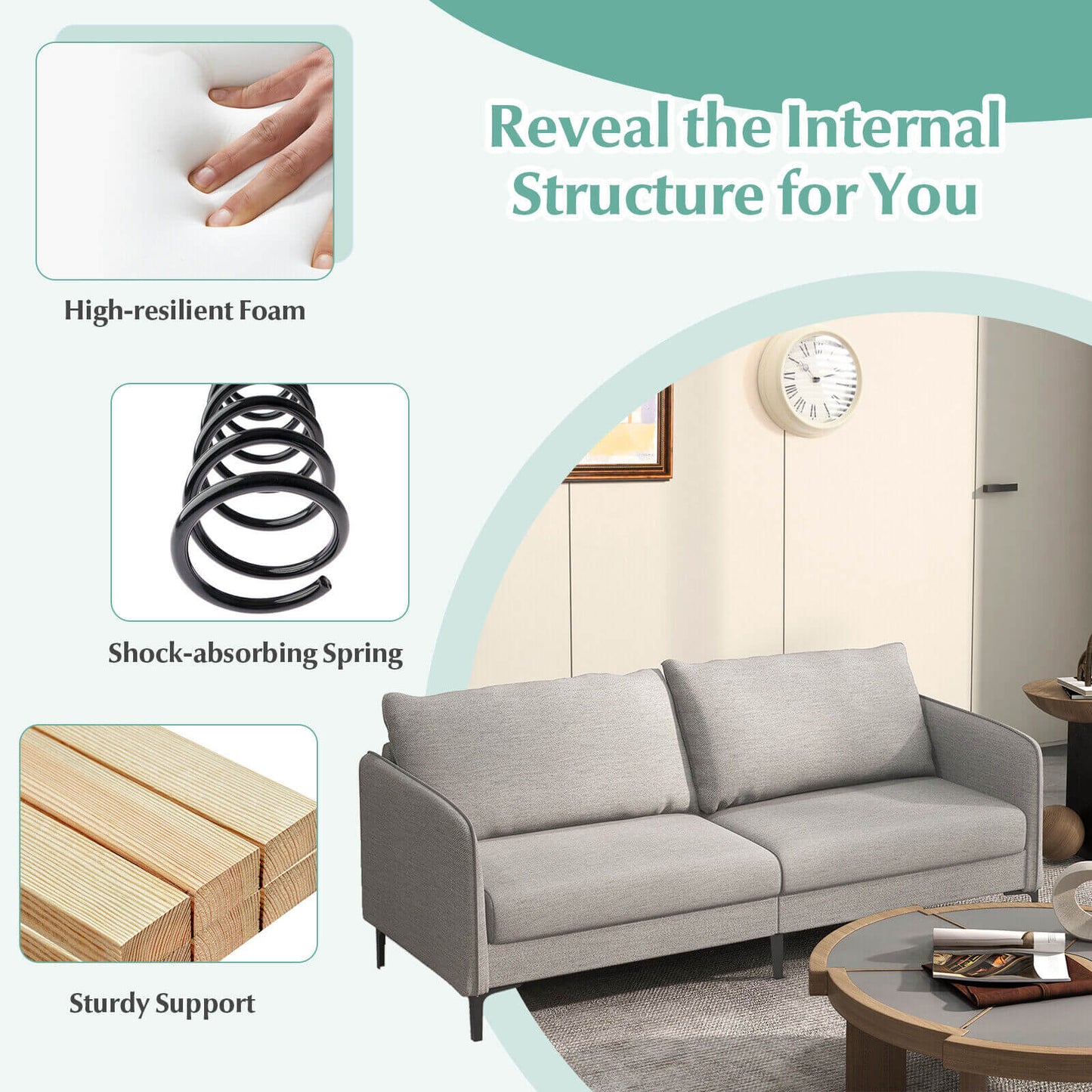 Moderno sofá biplaza de 76 pulgadas para apartamento o dormitorio con patas de metal - Gris