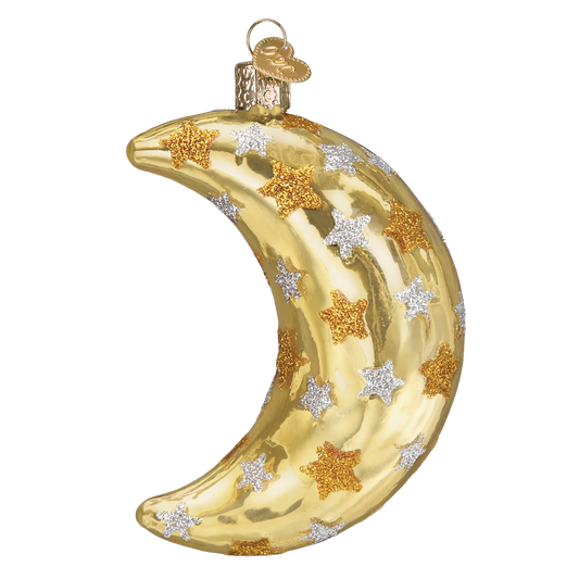 Old World Christmas Celestial Moon glass ornament with gold and silver star accents on Tampa Home & Garden Store
