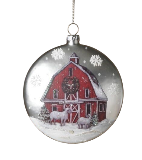Glass holiday red barn disk ornament with sheep in snow on Tampa Home & Garden Store