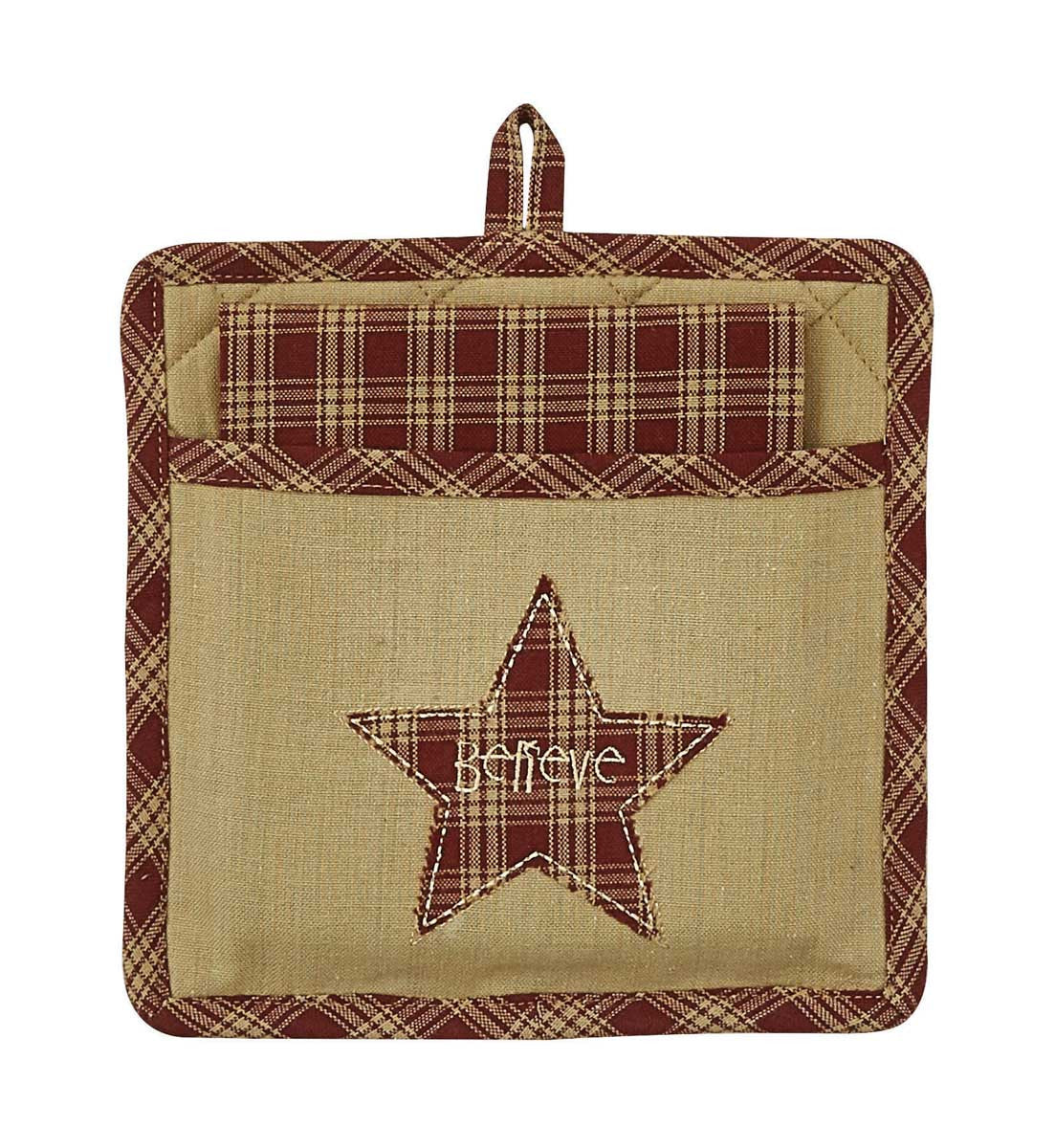 Believe Star Pocket Potholder Set with Dish Towel, burgundy plaid border and star patch on Tampa Home & Garden Store
