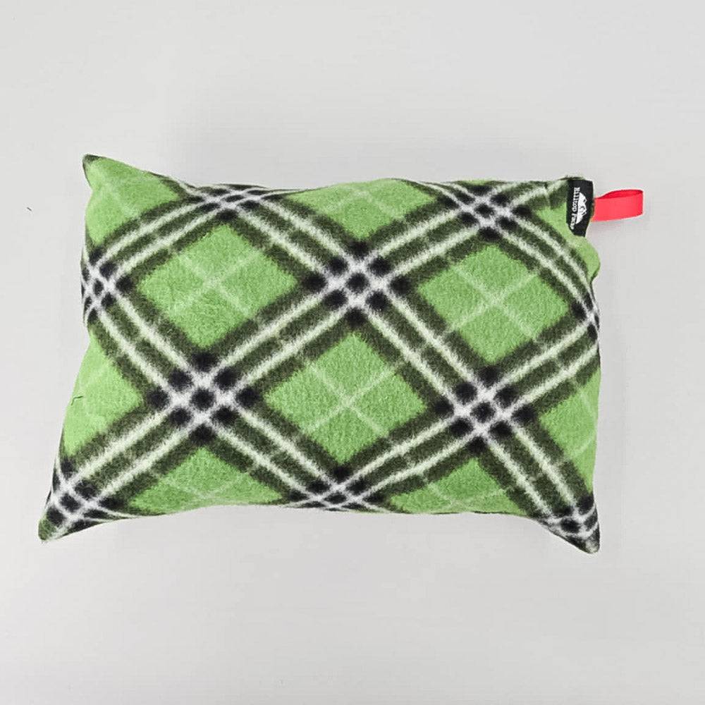 RFP Pillow by Hilltop Packs, ultralight green plaid fleece camping pillow with red loop tab on Tampa Home & Garden Store