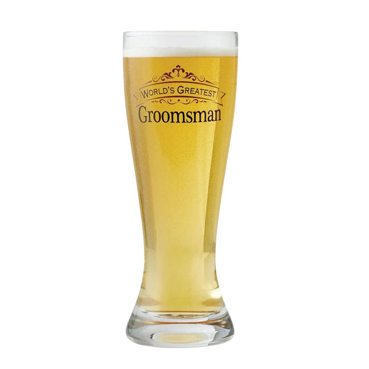 Groomsman 24 oz pilsner glass engraved World's Greatest Groomsman, clear glass with golden beer on Tampa Home & Garden Store