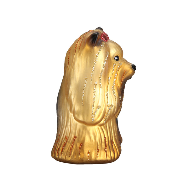 Old World Christmas Yorkie glass blown ornament, golden dog with accents and red bow on Tampa Home & Garden Store