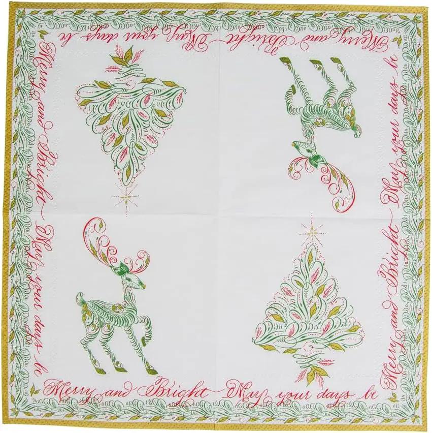 Christmas Calligraphy Paper Cocktail Napkins with green reindeer and Christmas tree, gold border on Tampa Home & Garden Store