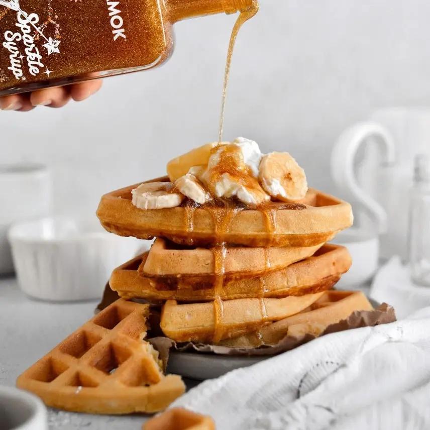 Limited Release Snow Globe Sparkle Syrup pouring over golden waffles Country Christmas Loft on Tampa Home & Garden Store