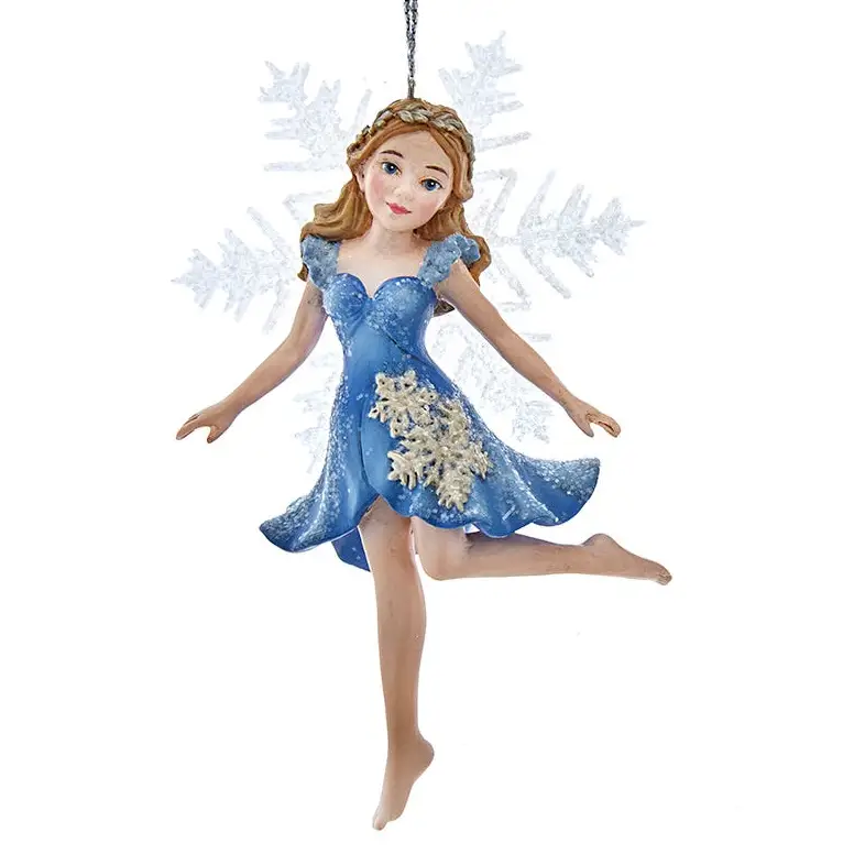 Blue Snowflake Fairy Ornament with leg raised and blue dress, snowflake details on Tampa Home & Garden Store