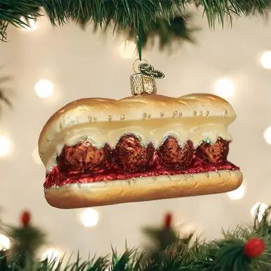 Meatball sandwich glass ornament featuring meatballs in red sauce on a bun on Tampa Home & Garden Store
