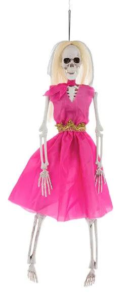 Chic Fashionista Skeleton ornament in pink dress with gold belt, hanging Halloween decor on Tampa Home & Garden Store