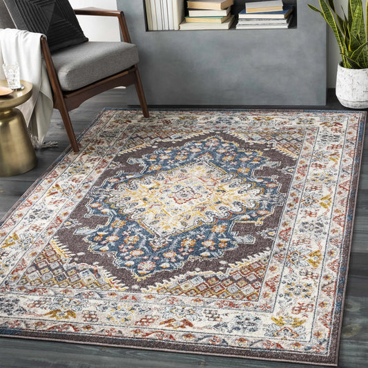 Haymond Brown Medallion Cream Area Rug by Boutique Rugs with blue accents on Tampa Home & Garden Store