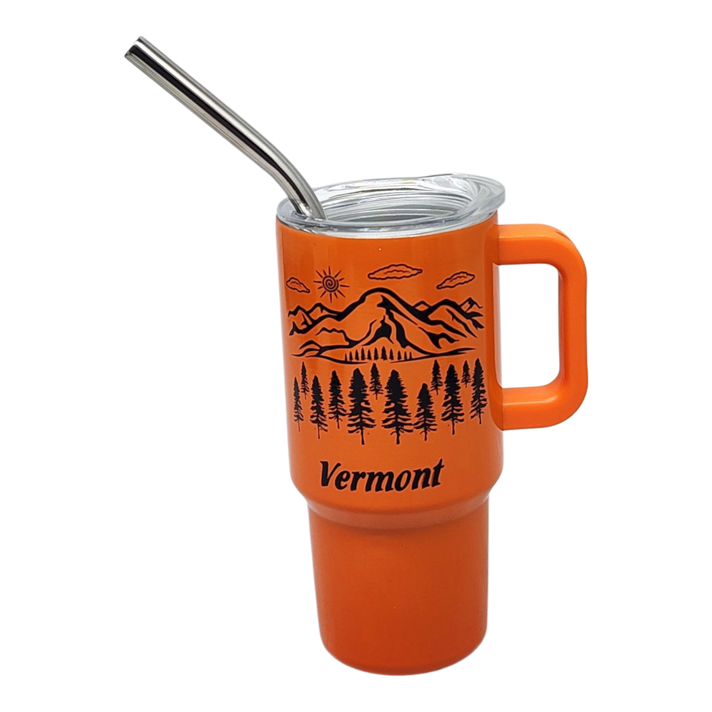 Vermont Mountains 4oz shooter tumbler orange with stainless steel straw and mountain scene on Tampa Home & Garden Store
