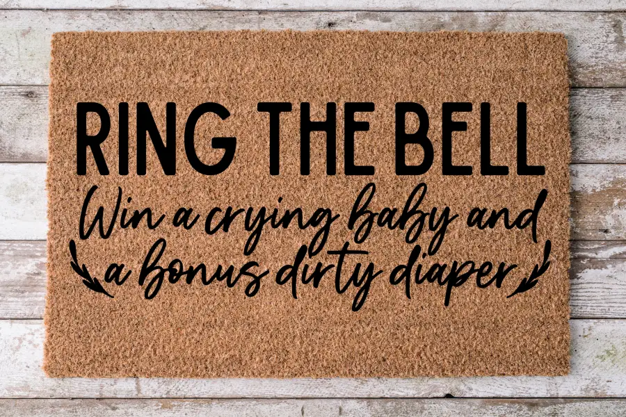 Door mat Funny Ring the Bell crying baby, natural coir, 30x18 on Tampa Home & Garden Store