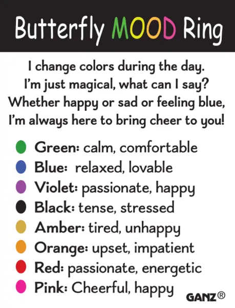 Butterfly Mood Ring with Color Changing Band by GANZ; mood colors green, blue, violet, pink on Tampa Home & Garden Store