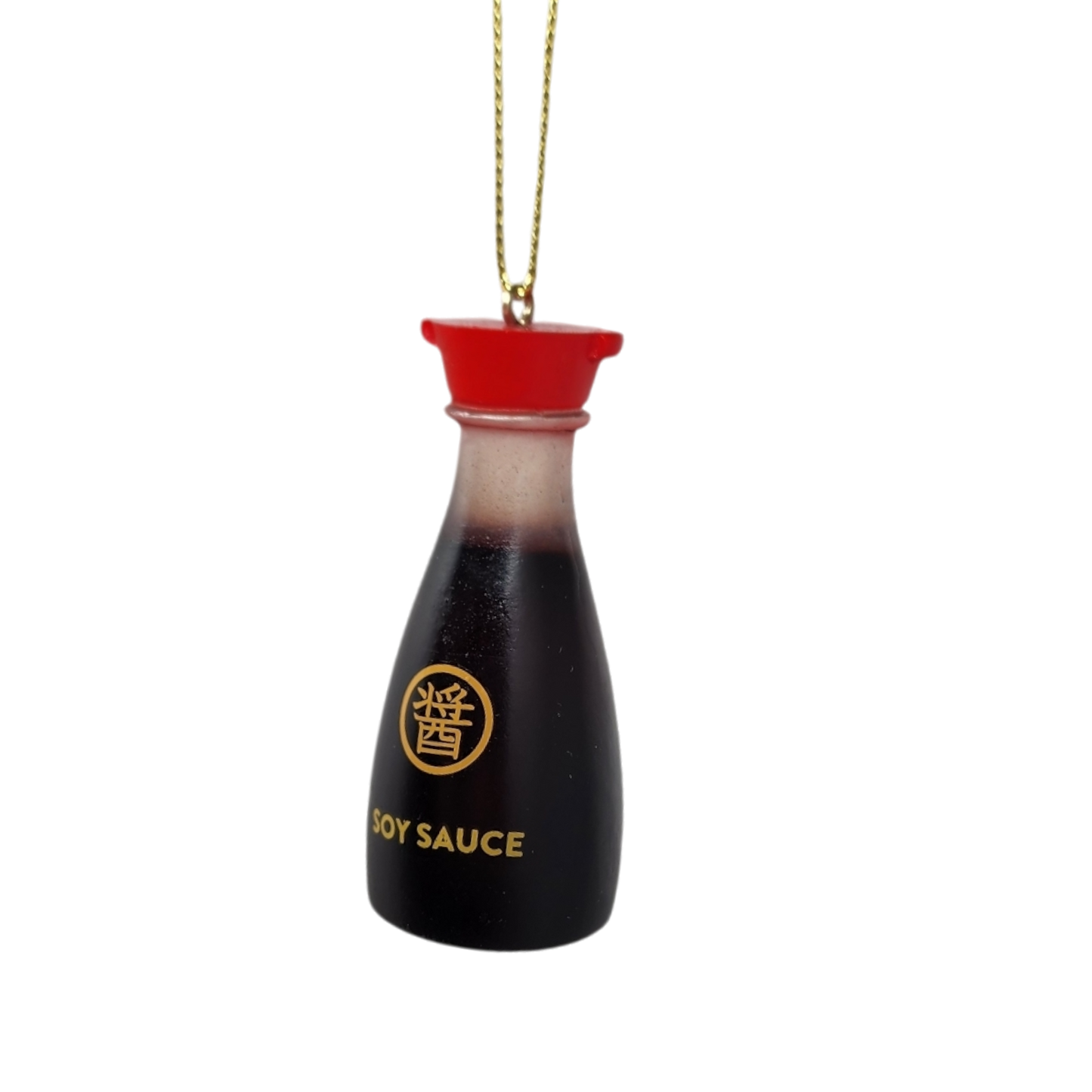 Soy sauce bottle ornament with red cap and dark glass, gold emblem on a gold string on Tampa Home & Garden Store