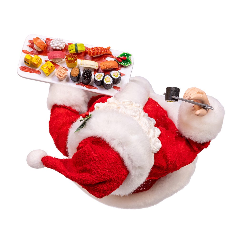 Sushi Platter Santa Figurine red Santa holding sushi 10.5 inch The Country Christmas Loft on Tampa Home & Garden Store