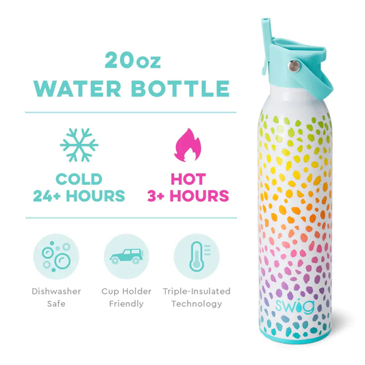Swig Wild Child 20 oz flip and sip water bottle with turquoise lid and polka-dot gradient on Tampa Home & Garden Store