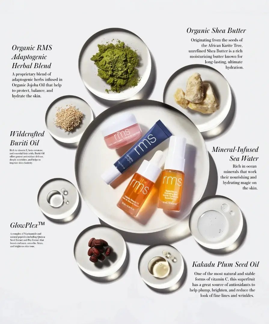RMS Beauty Skincare Secrets Travel Kit with pink jar, orange serums, blue tube on white plate on Tampa Home & Garden Store