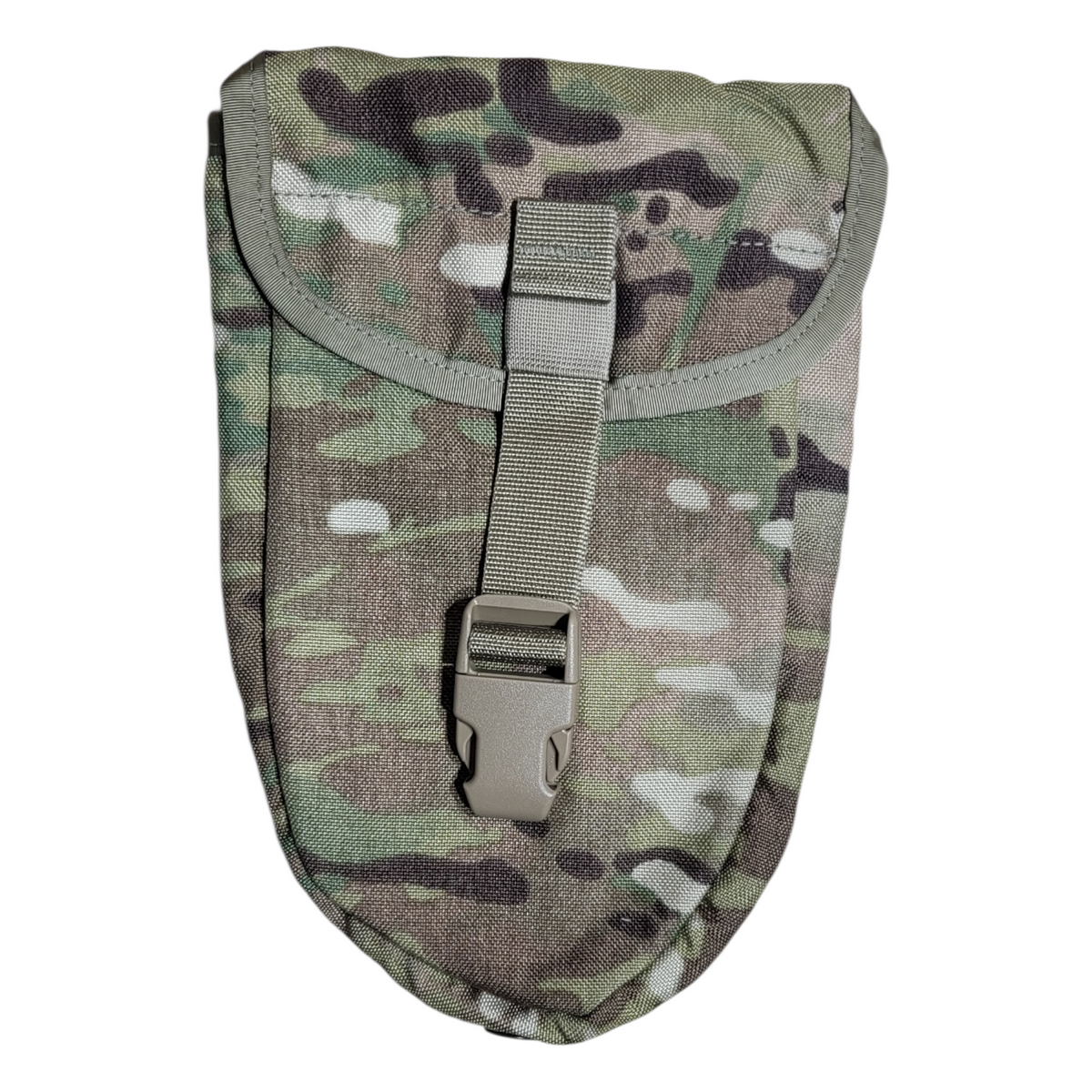 Gerber Folding Shovel E-tool camouflage carrying pouch with gray strap and buckle on Tampa Home & Garden Store