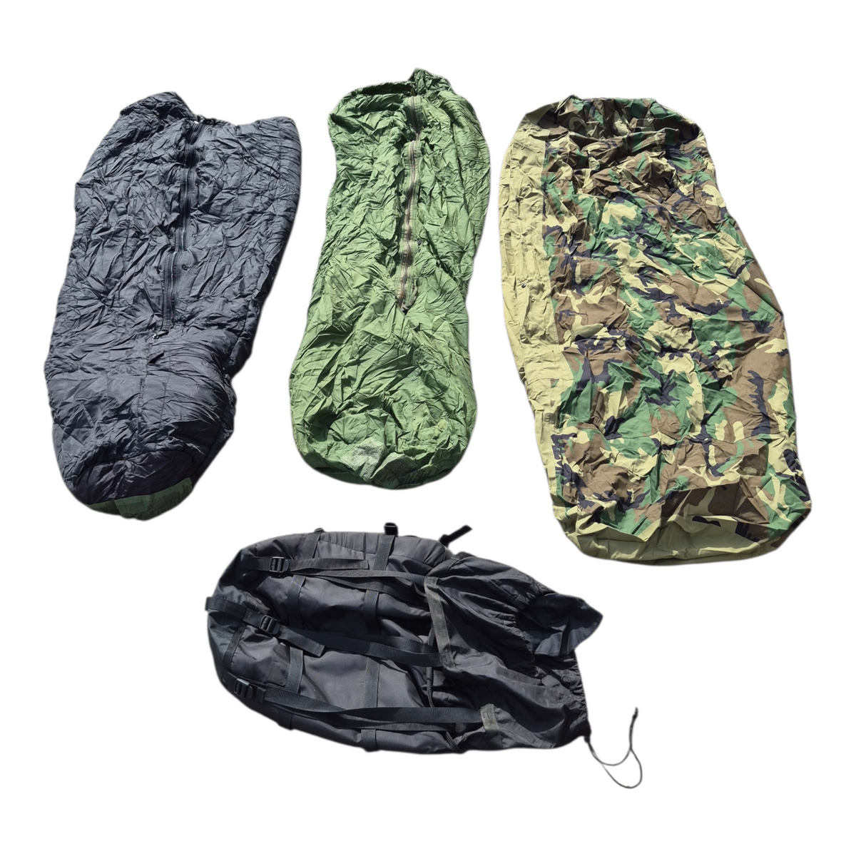 Fury28 US Military MSS complete sleep system bags in black, green, and woodland camo on Tampa Home & Garden Store