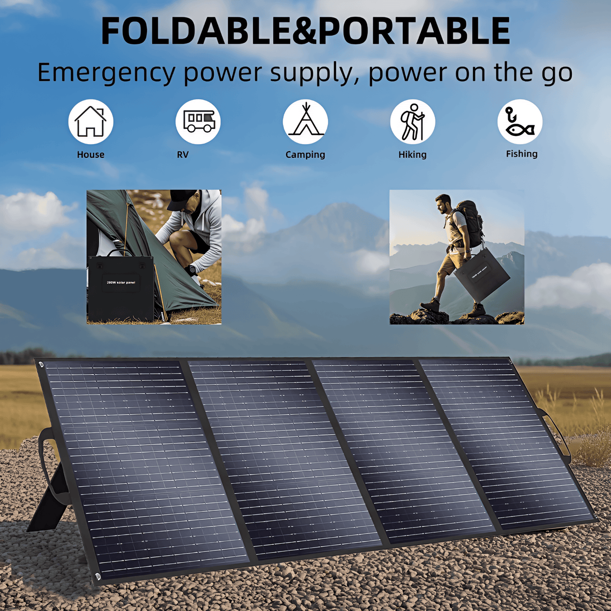 Three-panel folding Solar Panels 200W/400W DONJOHNSTYLE4URHOME portable on rocky ground on Tampa Home & Garden Store