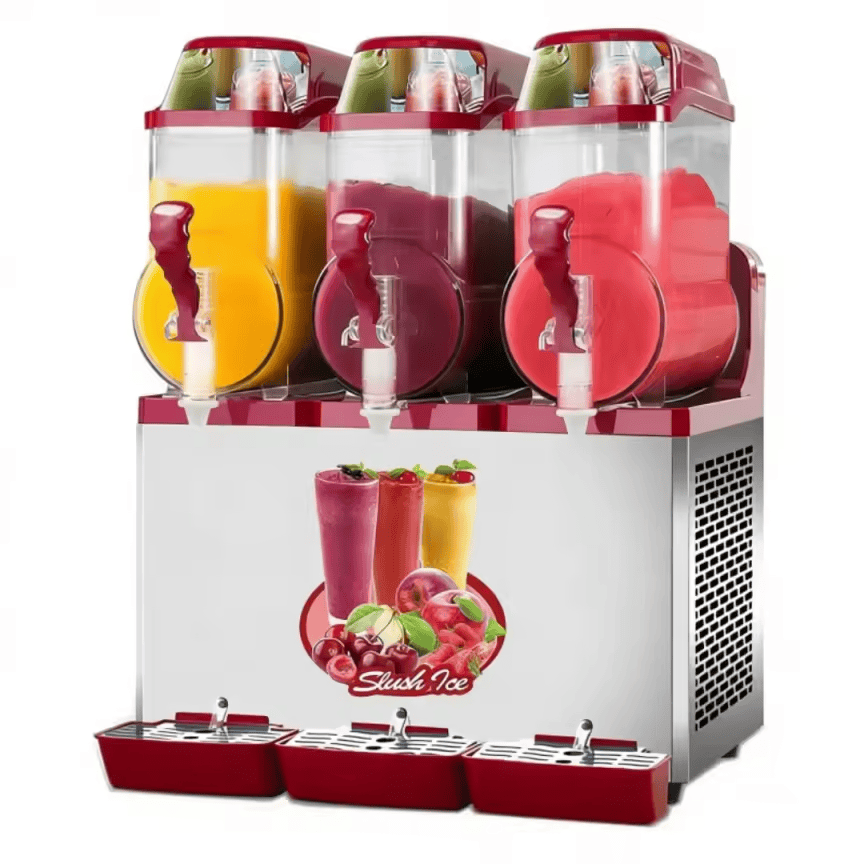 Slushy machine with 3 hopper containers in yellow, purple and red; 3 taps on stainless base on Tampa Home & Garden Store