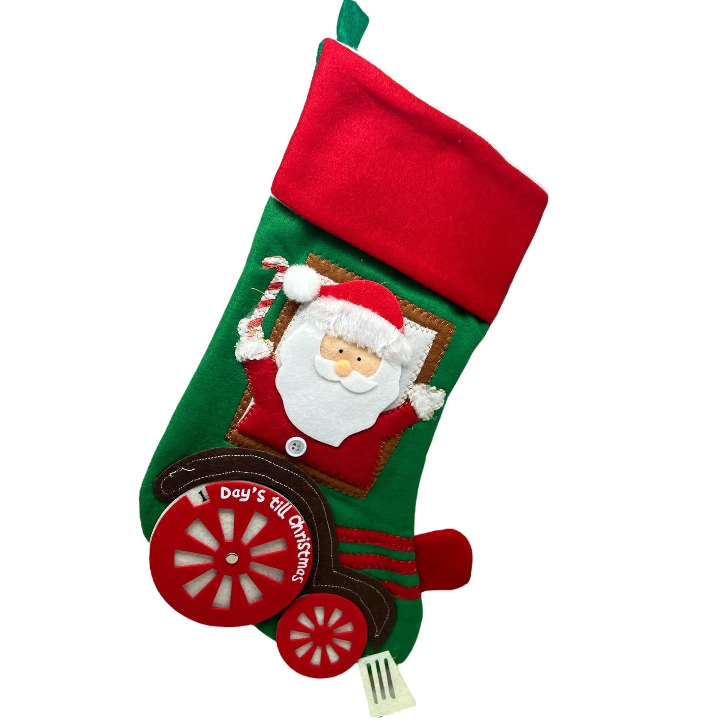 Countdown to Christmas Santa Stocking with green felt body, red cuff, and Santa patch on Tampa Home & Garden Store