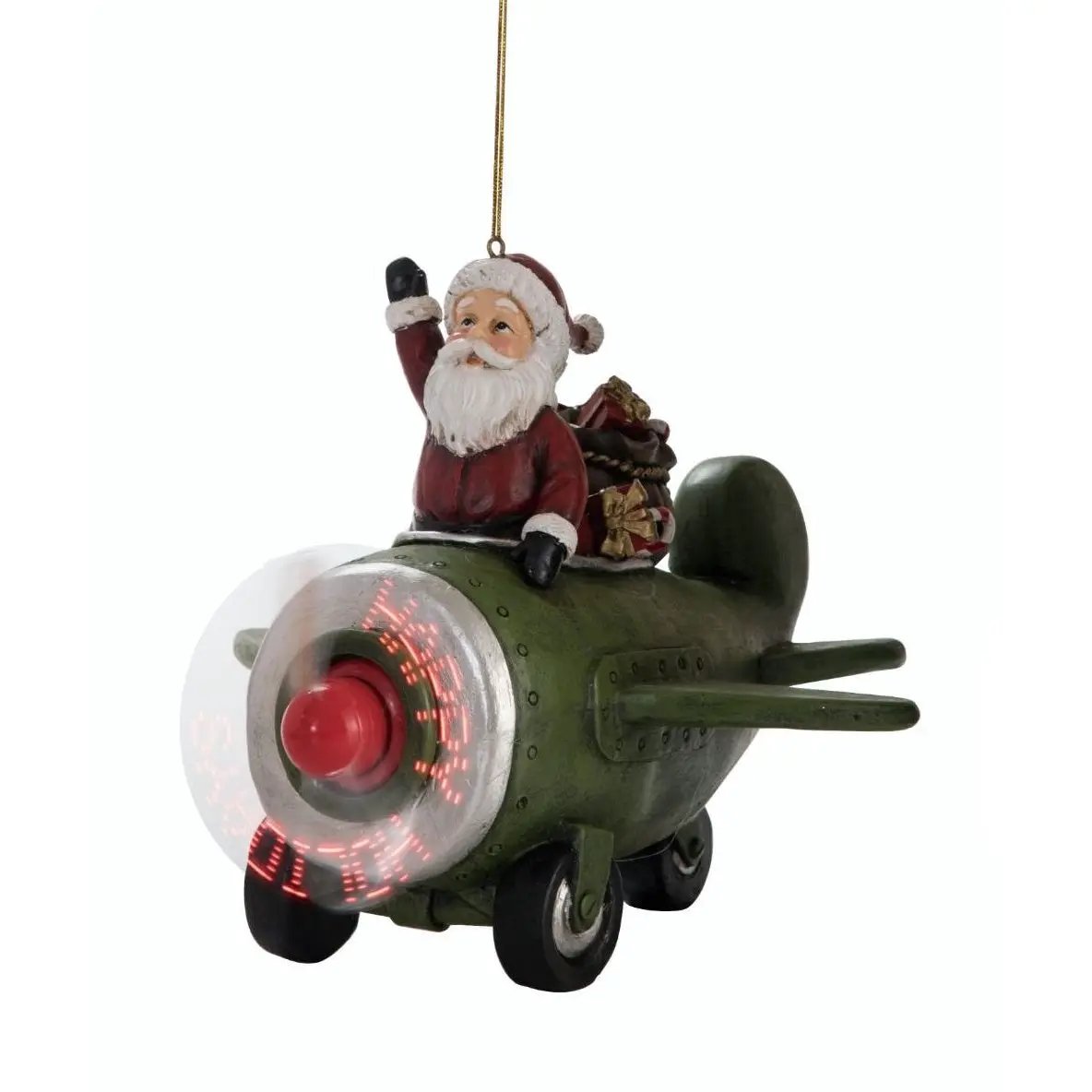 Light-Up Santa Airplane ornament, green plane with red LED propeller and Santa figure on Tampa Home & Garden Store