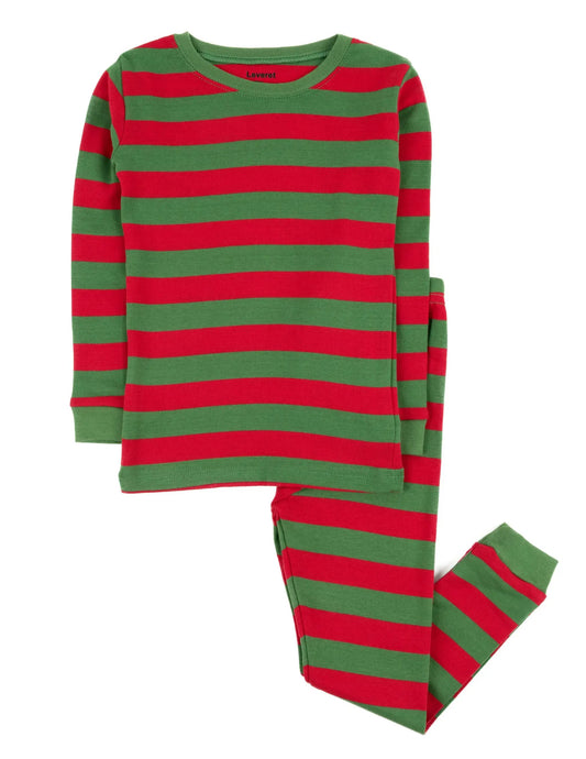 Kids two-piece cotton pajamas red and green striped top and pants on Tampa Home & Garden Store
