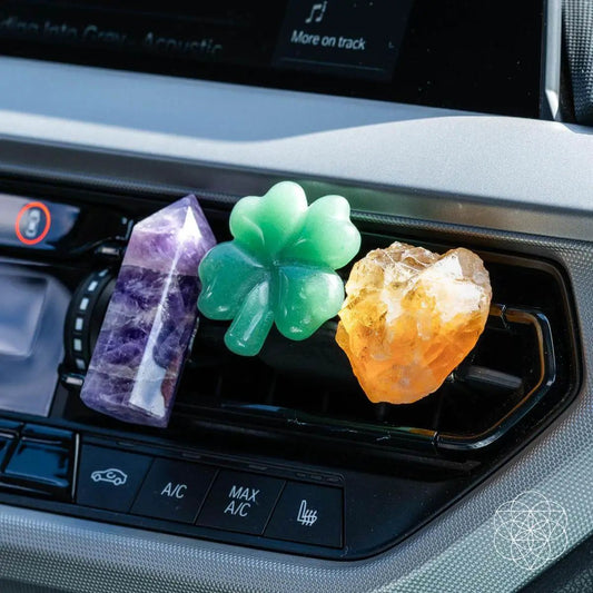 Road Guardians Lucky Car Crystal Kit amethyst green shamrock crystal orange calcite in car on Tampa Home & Garden Store