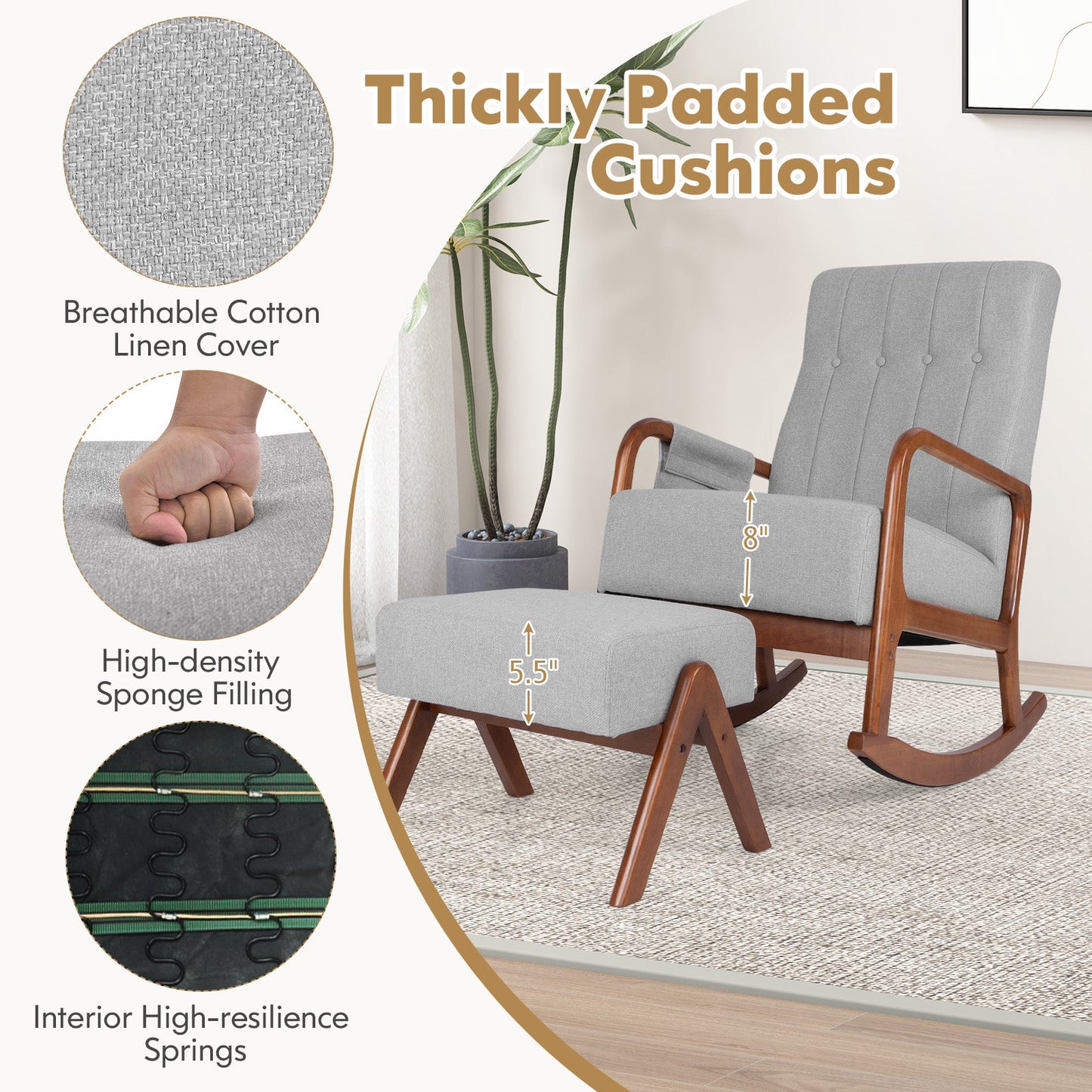 Rocking Chair with Ottoman Solid Rubber Wood Frame Padded Cushion-Gray - Tampa Home & Garden Store