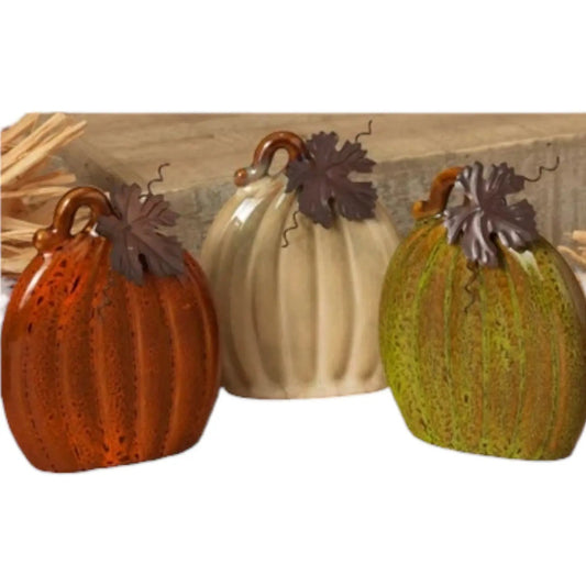 Ceramic pumpkin trio with metal leaf stems in orange, cream, and green, 6 inch set on Tampa Home & Garden Store