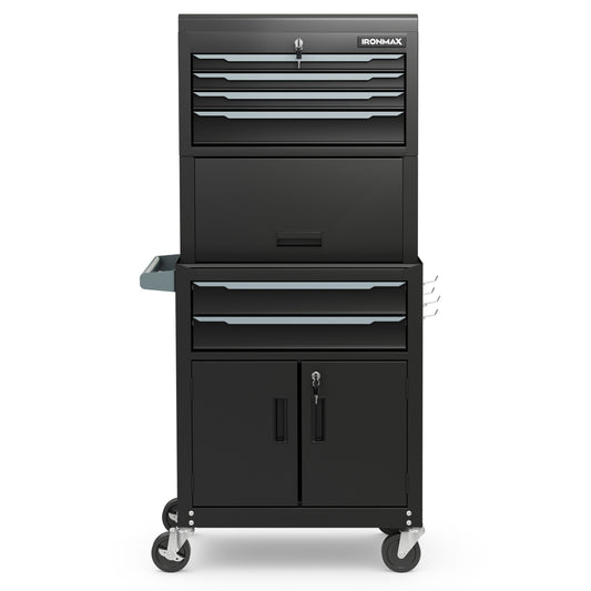 3-in-1 6-Drawer Rolling Tool Chest Storage Cabinet with Universal Wheels and Hooks-Black