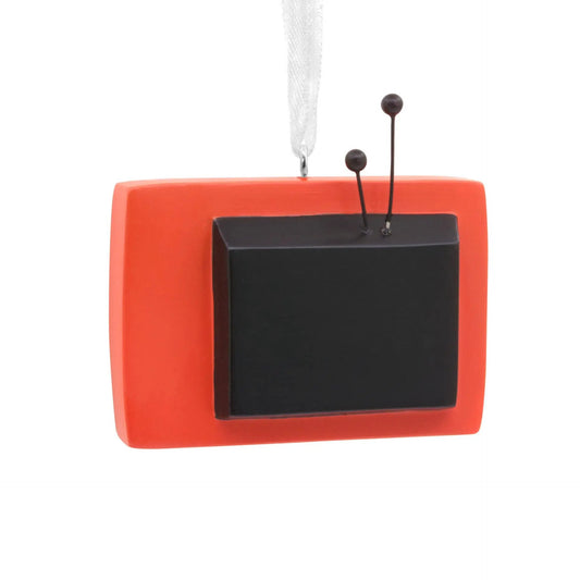 Just One More Episode vintage TV ornament, orange frame with black screen and white ribbon on Tampa Home & Garden Store