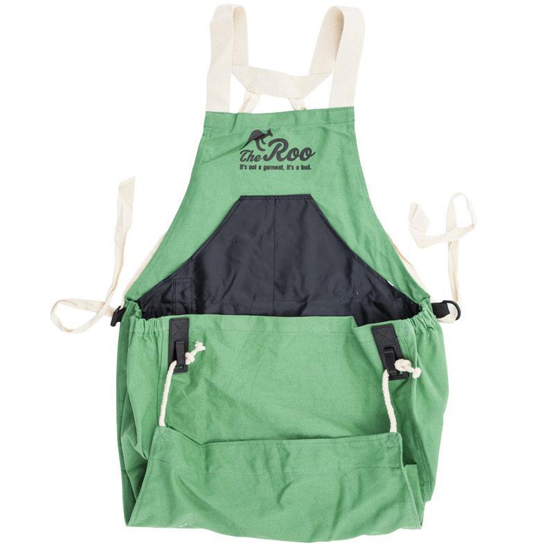 Roo Gardening Apron Green canvas with beige straps and front pockets The Roo on Tampa Home & Garden Store